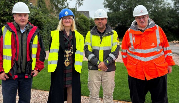 Paul Barnes CAMC Head of Estates, Cllr Emily Price, Mayor of Totnes, Nick Gower Site Foreman Barratt and Canniford and Wayne Brown Regional Manager CAMC.