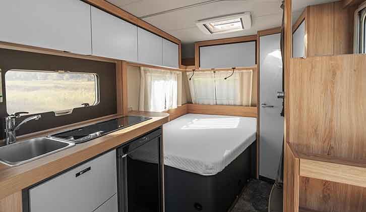 The bedroom of a Knaus Sports tourer