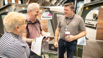 A couple looking at Dorema awnings