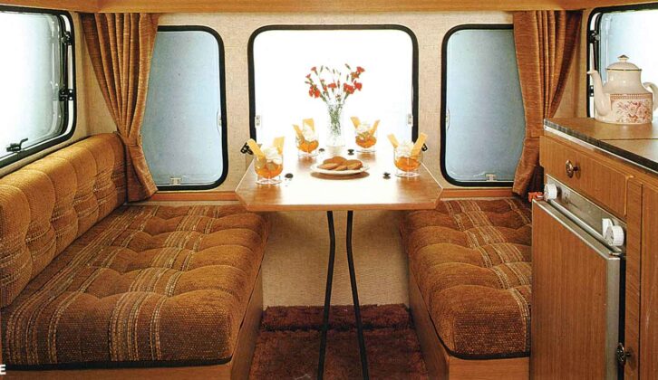 Lounge and seating in typical 1980s caravan