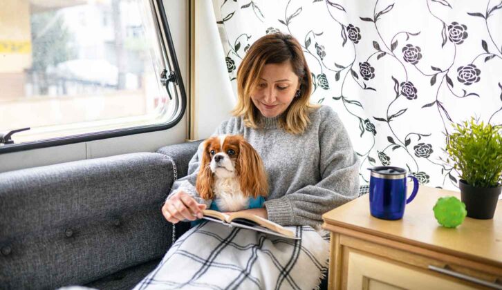 A smiling woman and a dog sitting under a blanket in a van as the woman reads a book